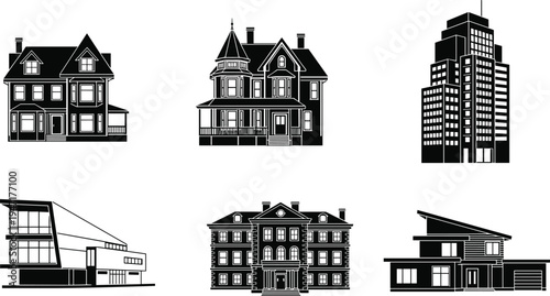 Building silhouettes collection featuring classic houses, modern home, office tower and architectural structures isolated black vector illustration set