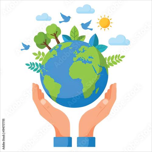 Hands gently cradle Earth, symbolizing global environmental protection, sustainability, and the responsibility to preserve nature for a greener world vector design