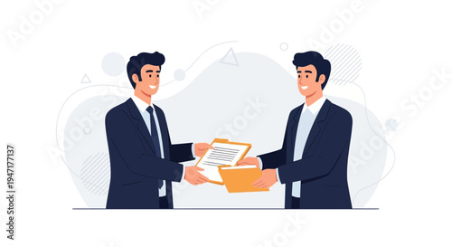 Businessmen exchanging documents, teamwork and partnership concept