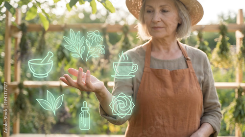 Knowledgeable herbalist with mint natural remedy holograms