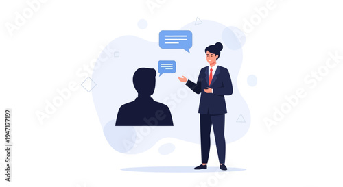 Business meeting illustration: woman in suit talking to silhouette, speech bubbles