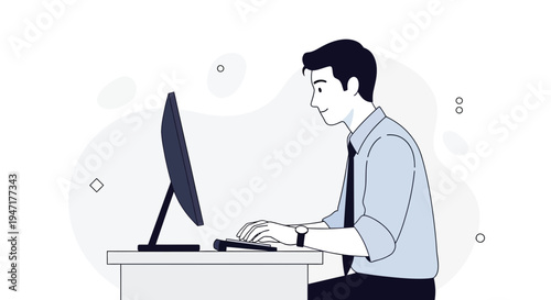 Young man typing on computer, working at desk, modern office illustration