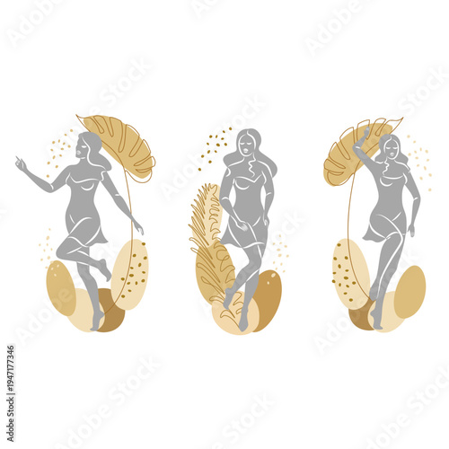 Collection. Silhouette of a cute lady and leaves of a plant. The girl is standing. The woman has a beautiful figure. She is young and slim. Vector illustration set
