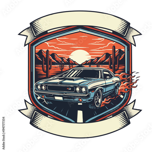 A vintage car speeds down a desert road at sunset with a shield and banner.