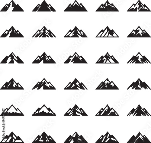 Evolution of stylized mountain peaks in a grid of black and white graphics