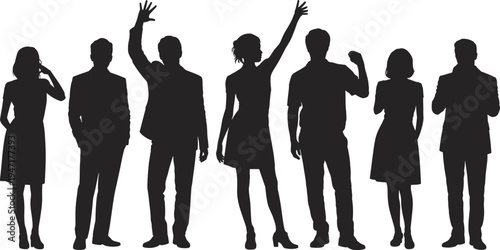 Business people silhouette collection featuring standing men and women posing, waving and talking isolated vector set for corporate teamwork design illustration