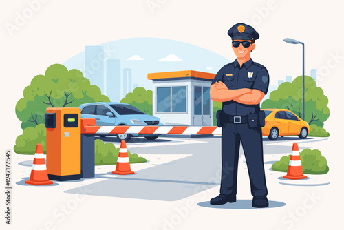 Professional Security Guard in Uniform Standing at a Parking Lot Entrance with a Barrier Gate, Guard Booth, and Traffic Cones. Flat Vector Illustration of Safety, Security, and Access Control.