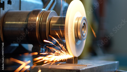 Foto Close-up of an industrial grinding machine sharpening or polishing metal with bright sparks flying