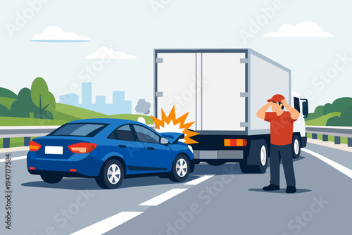 Blue sedan car accident hitting the back of a white delivery truck on a highway road. Distressed driver standing by the vehicle in shock. Flat vector illustration for insurance and safety concepts.
