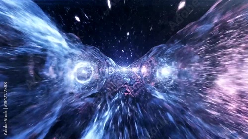 Abstract cosmic tunnel with bright light and energy flow, space travel concept.