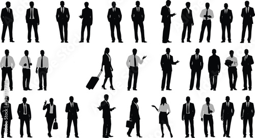 Business people silhouettes collection showing corporate professionals standing, walking and talking in formal suits isolated vector set for office leadership concept