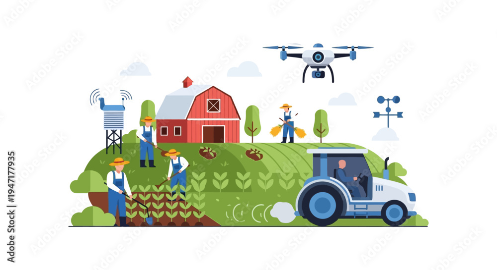 Fototapeta premium Smart Farming and Precision Agriculture Illustration: Farmers, Tractor, Drone, and IoT Sensors Working on a Modern Digital Farm.