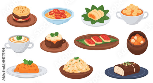 Isometric Food Icons Set: Gourmet Dishes Collection. Vector Illustration of Prepared Meals, Stews, Soups, Burger, and Meatloaf for Menus and Apps.