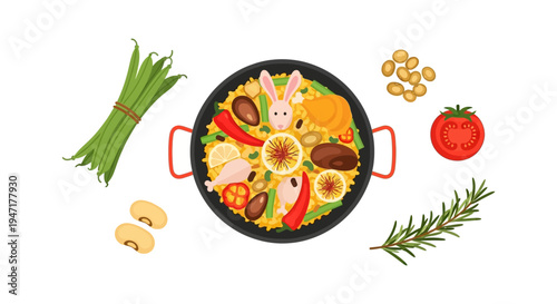 Traditional Spanish Paella Pan Vector Illustration with Whimsical Rabbit Food Art. Isolated Flat Lay Cooking Recipe Concept.