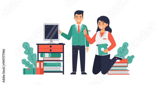 Business Team Collaboration. Man and Woman Professionals Working Together in Office Environment. Flat Vector Illustration on White.
