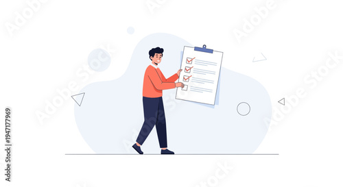 Man holding checklist with completed tasks, business concept, flat design illustration