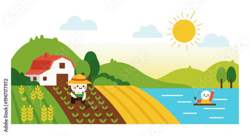 Flat Design Rural Farm Scene: Happy Farmer Working in Field by Barn and River on Sunny Day. Cute Agriculture and Harvest Illustration Vector.