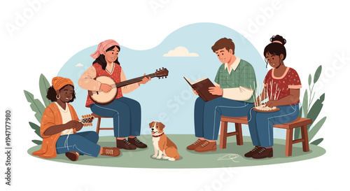Happy Diverse Group Outdoors Enjoying Hobbies: Playing Banjo, Reading Book, Weaving Craft