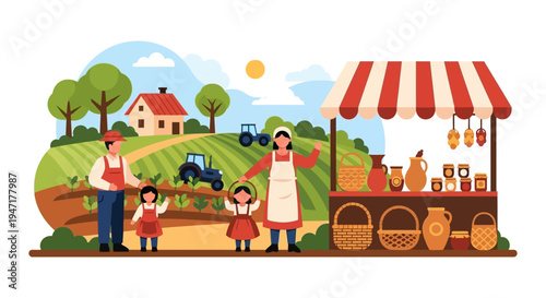 Farm Family and Children at Local Produce Market Stand. Agriculture, Rural Life, Organic Food Sales Illustration.