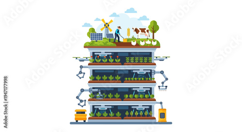 Smart Vertical Farm System. Automated Agriculture integrating Robotics, Renewable Energy (Solar/Wind), and Urban Gardening for Sustainable Food Production.
