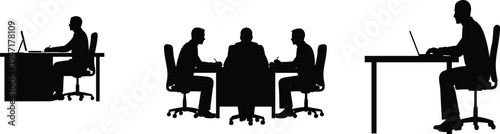 Business people silhouettes showing office work, laptop use and corporate meeting discussion isolated black vector illustration set for workplace concept
