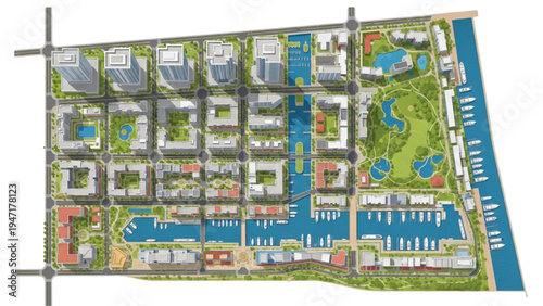 Aerial View of a Modern Urban Marina Development with Buildings and Waterways