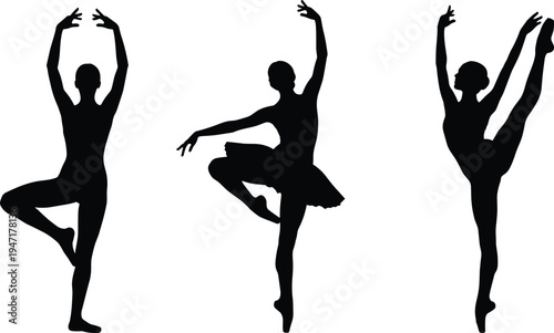 Ballet dancer silhouettes collection, graceful ballerina poses performing classical dance movements, elegant female ballet performance vector set isolated on white
