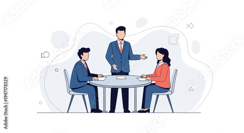 Business meeting, team discussing strategy at round table, teamwork, collaboration