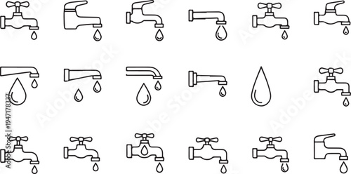 Various faucets with different water flow states in a line style dripping water drop