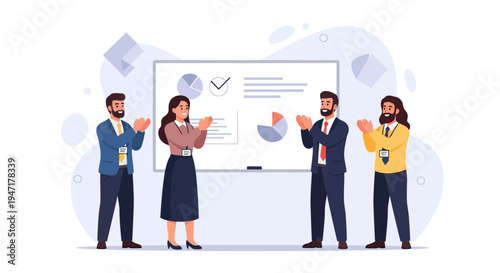 Business team applauding at presentation, success, teamwork, meeting, whiteboard