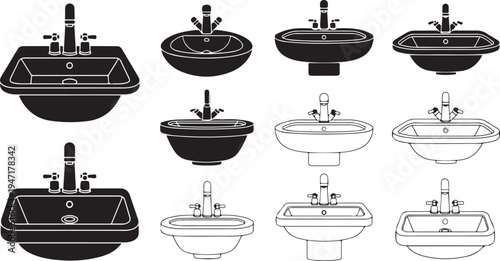 Various styles of black and white bathroom sinks with faucets in a line-up desi