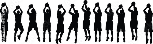 Basketball player jump shot silhouettes collection showing different shooting poses athlete sport action vector illustration isolated black set
