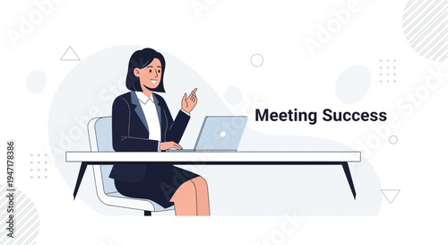 Businesswoman at desk with laptop, achieving meeting success, modern office illustration