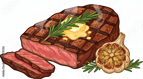 Grilled beef ribeye steak with grill marks and rosemary
