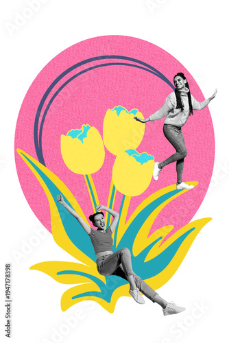 Exclusive image vertical photo collage of two happy girls friends dance together ukraine tulips bouquet celebration spring day