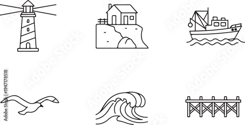 Lighthouse coastal scene with house boat bird waves pier cliff des