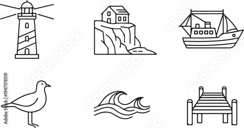 Lighthouse cliff house boat seagull waves bench line desig