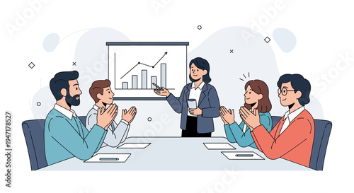 Business meeting: team applauds presenter showing growth chart on screen