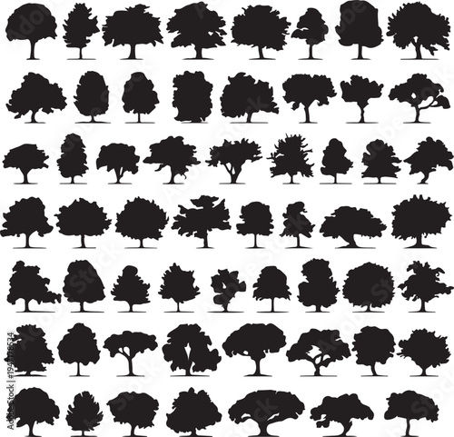 Diverse silhouettes of trees in various shapes and sizes arranged in a grid pattern