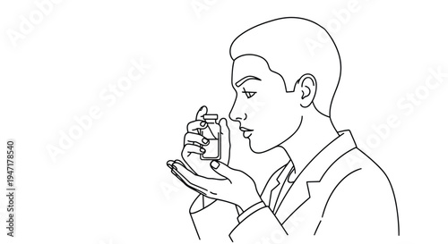 Man smelling perfume from a bottle in a one-line drawing style on a isolated on white background