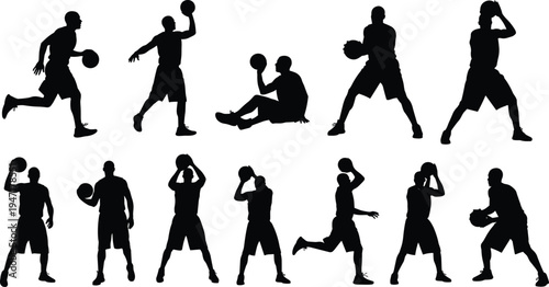 Basketball player silhouettes collection showing dribbling passing shooting and holding ball poses sport athlete action vector illustration isolated black set