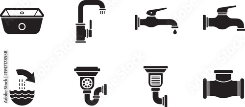 Set of black and white plumbing fixtures and tools faucet sink des