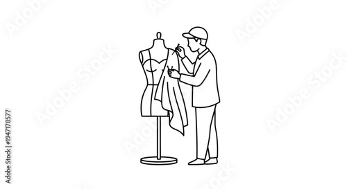 Man working on dress form with fabric in modern flat design isolated on white background