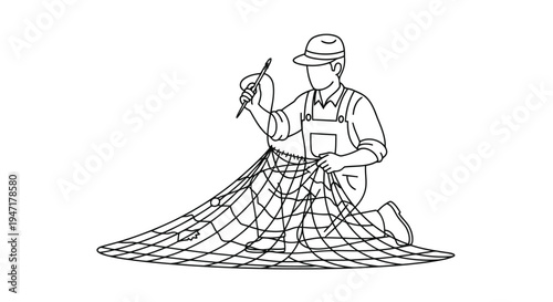 Man repairing fishing net on ground in one line drawing style isolated on white background