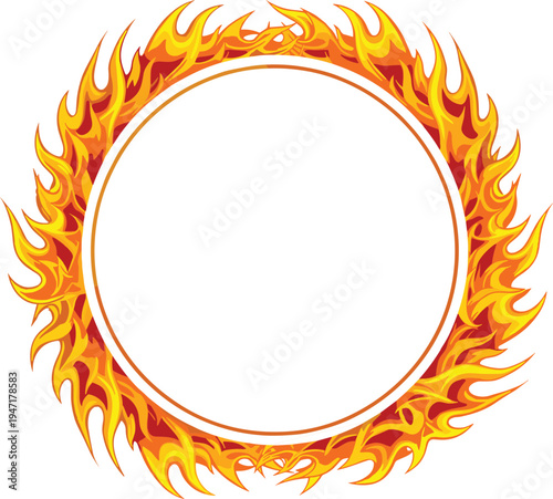 Circular frame of stylized flames in yellow, orange, and red, dynamic fiery vector design symbolizing energy, passion, heat, and intensity