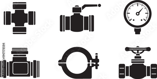 Six black and white industrial valve and pressure gauge de