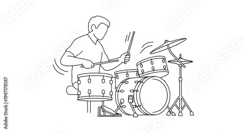 Man playing drums with drumsticks in a minimalist line art style isolated on white background