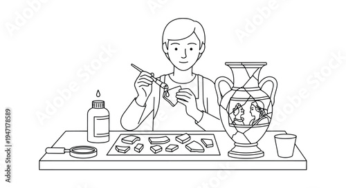 Man repairing broken vase with glue and brush on worktable in flat design isolated on white background