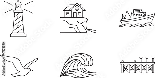 Six black and white line of a lighthouse, house, ship, bird, wave, and pier line lighthouse d