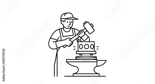 Black line drawing of a man hammering at an anvil with a large hammer isolated on white background